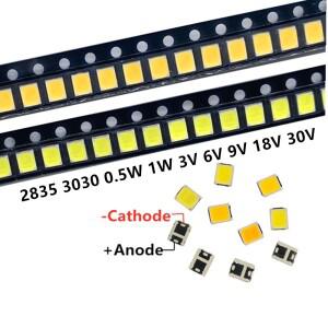 100PCS SMD LED 2835 칩 0.5W 1W 3V 6V 9V 18V 140LM 4000K 백색 비즈 조명  표면 실장 PCB 발광 다이오드