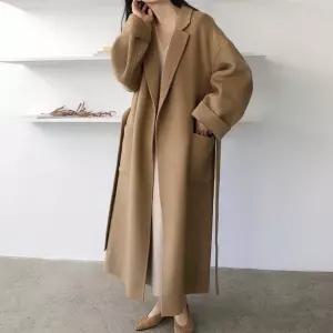 여성오버핏코트 롱기장 모직 오버핏 코트 투카라 허리스트랩 출퇴근룩