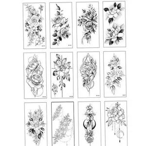 타투스티커 흑백 대형 12종세트 장미 꽃 여름 패션
