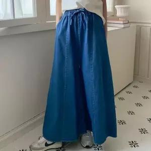 여성 코튼 절개라인 진 넓은 데님팬츠 고무줄 팬츠