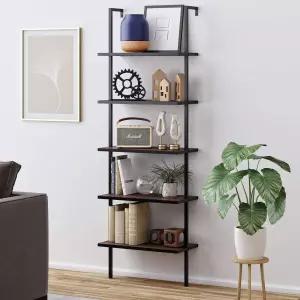 네이선 제임스 테오 5단 나무 모던 책장 산업용 금속 프레임이 있는 오픈 월마운트 사다리 갈색 호두/블랙