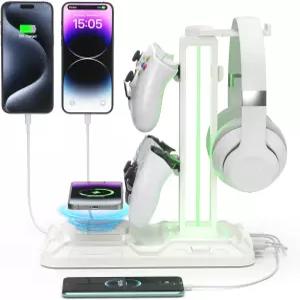 무선 충전이 가능한 KDD RGB 헤드폰 및 컨트롤러 스탠드 - 9가지 라이트 모드가 있는 회전식 헤드셋