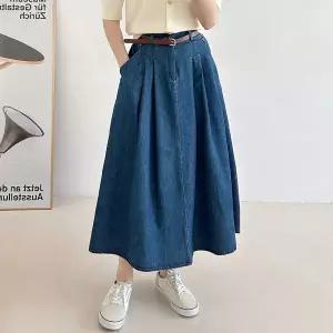 여성 봄 가을 벨트 세트 뒷밴딩 핀턱 플리츠 A라인 데님 롱 스커트 청 치마 -KSK0170-