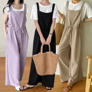 여성 봄 여름 허리스트링 나시 와이드 점프수트 멜빵바지 점프슈트 -KJS0025- 빅사이즈 루즈핏 오버핏