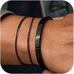 남성 여성용 HEVOCY 스태킹 팔찌 남성용 장신구 선물용 3개 세트 커프 뱅글/큐반 링크/스네이크 체인 조절