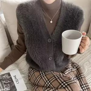 여성 가을 겨울 단추 브이넥 퍼 조끼 밍크 베스트 -KVE0028-