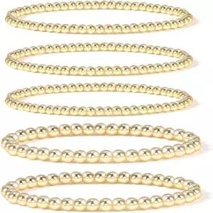 여성용 바두 금판 구슬 팔찌 14K 금도금 볼 신축성 있는 저자극 보헤미안 스태커블