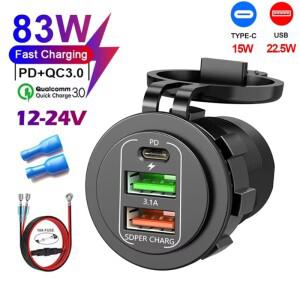 4 포트 듀얼 PD QC 3.0 USB 차량용 충전기 전압계 소켓 전원 콘센트 어댑터 포함 12V24V 자동차 보트 방수