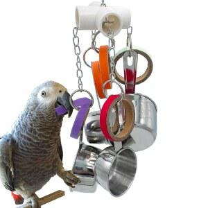 길리기 내구성 강한 새 앵무새 냄비와 베이글 장난감, 당길 수 있는 스테인리스 스틸 컵, 아마존 미니 마코 아프리카 그레이 코카투오스 에클렉투스용 골판지 링 장난감