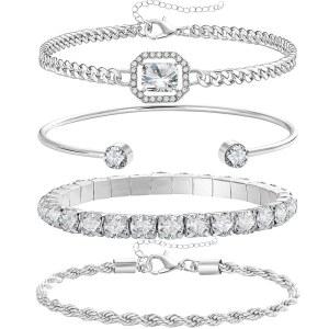 여성용 4Pcs 다인티 골드 실버 팔찌 세트 14K 도금 링크 큐빅 지르코니아 페이퍼클립 스테이킹 체인 조절 가능 트렌디한 핸드 주얼리