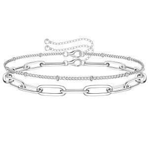 밀라콜라토 925 스털링 실버 걸쇠 페이퍼클립 체인 팔찌 14K 화이트 골드 도금 솔리드 다이아몬드 컷 페이퍼클립 체인 여성 팔찌 조절 가능한 레이어드 위성 비즈 팔찌 여성용 팔찌