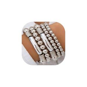 여성용 LXSSLY 5Pcs 골드 비드 팔찌 세트, 14K 골드 도금 스태커블 비드 볼 팔찌 세트, 조절 가능한 청키 뱅글 팔찌, 여성용 보호 스트레치 비드 볼 팔찌