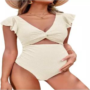 오요앵글 여성 임산부 원피스 수영복 텍스처 트위스트 컷아웃 브이넥 러플 러쉬드 임신