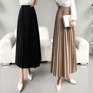 여성 플리츠 허리 밴딩 전체 주름 롱 스커트 치마