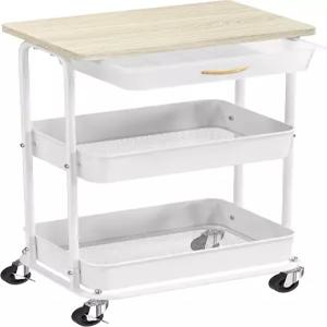 서랍 및 나무 테이블탑이 있는 간단한 가정용품 3단 롤링 유틸리티 카트 - 이동식 소파 사이드 테이블