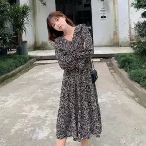 [에이치플러스몰]여성 봄가을 플라워 롱 쉬폰 러플 프릴 스커트 원피스