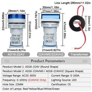호환 22MM AC 20-500V 0-100A 미니 LED 디지털 전압계 전류계 헤르츠 미터 신호등 220V 측정기 볼트 암페어