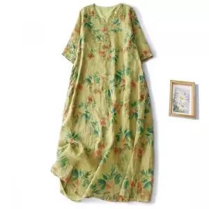 [에이치플러스몰]여름용 루즈핏 퍼프 반팔 롱 면혼방 수채화 스타일 원피스