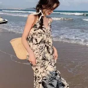 [에이치플러스몰]플로럴 롱원피스 바캉스 휴양지 페인팅 뷔스티에 드레스룩 봄 여성