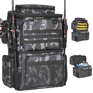 쿨러백 포함 낚시 태클 백팩, 로드 홀더 2개 53L 방수 가방, 병 및 쿨러 대형 보관, 헤비 듀티 아웃도어 백팩 남성용