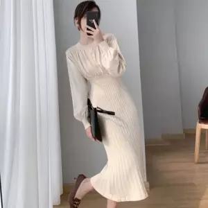 [에이치플러스몰]셔링 퍼프 니트 롱원피스 오피스 하객 A라인 스커트 상견례 룩 3컬러