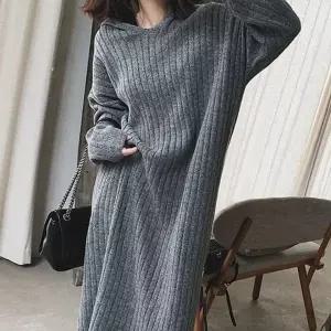 [에이치플러스몰]골지 후드 롱 니트원피스 겨울봄 가을 하객 결혼식 긴팔 그레이