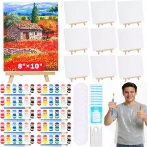 10팩 8x10인치 캔버스 및 이젤 세트 스탠드가 있는 아트 보드 벌크 미니 아크릴 페인트 브러시 트레이 성인