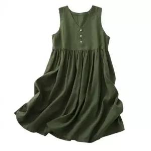 [에이치플러스몰]이쁘다요 린넨 브이 미디 여름 마 루즈핏 원피스 민소매 나시