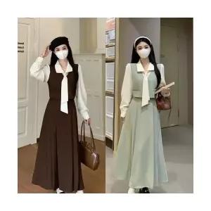 여성 가을원피스 하객 프렌치 긴팔 원피스 이른 가을 예쁜 페이크 투피스 롱스커트 ADOR3