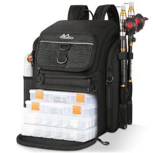 MoKo 낚시 백팩 가방, 로드 홀더 및 미끼 바인더 보관 도구와 하이킹 캠핑 장비, 남성 아버지를 위한 선물, 블랙