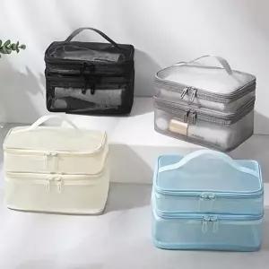 [셀러허브 패션]여행용 메쉬와이어파우치 이중 수납 화장품 정리 이너백 블랙파우치 다용도파우치 메쉬소