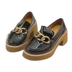 키높이 로퍼힐 두꺼운굽 체인 수제 금장 펌프스 가보시 양가죽