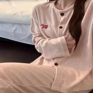 옥뚜브레 커플잠옷세트 핑크 강아지 잠옷 울 실크 벨벳 파자마 UNO1