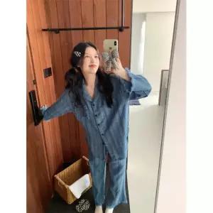 옥뚜브레 커플잠옷세트 네이비 칼라 면사 실내복 잠옷 세트 UNO1