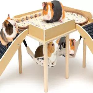 GWMYD 기니피그 은신처 성 계단 2개와 해먹이 있는 나무 친칠라 하우스 햄스터를 위한 작은 동물 서식지