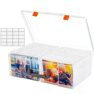 사진 보관함 5 x 7 인치, 칸막이가 있는 내부 초대형 상자 18 개, 손잡이가 투명 무산 보관 용기, 사진, 공예, 스탬프, 스티커, 씨앗을 위한 정리함 공예품