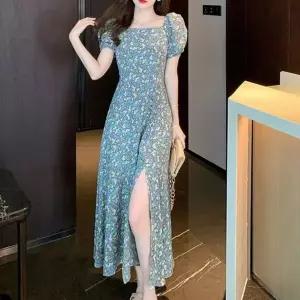 [에이치플러스몰]이쁘다요 스퀘어 롱 드레스 플라워 여성 퍼프소매 원피스 라인