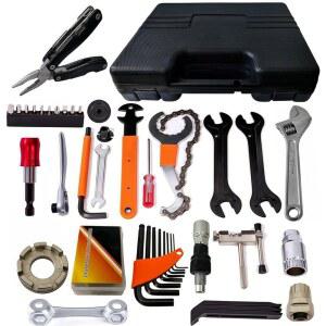 하드 케이스가 포함된 YBEKI 전문 자전거 수리 도구 키트 - 산악 및 도로 자전거를 위한 완전한 유지보수 세트, 래칫, 체인 툴, 크랭크 풀러, 타이어 비드 브레이커, 다목적 플라이어 포함