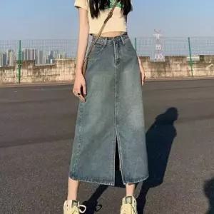 밑단 트임 롱 데님 스커트 봄스커트 H라인 데님스커트 7부 슬릿 앞트임 청치마 키큰여자 미디스커트