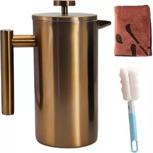 YJX 34온스 커피 메이커 스테인리스 프렌치 프레스 1리터 캠핑 포트 티 트래블 내열성 이중 단열재(구리)