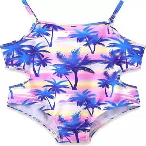 드벤키 걸스 원피스 레오파드 프린트 수영복 - 스트랩이 조절 가능한 야자수 사이즈 6X-16