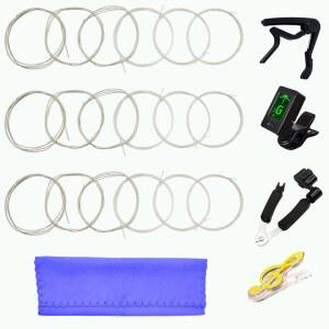 클래식 기타 줄 3개 풀 세트 튜너가 있는 클리어 나일론, 3 in 1 리스트링 도구, 카포, 음악 책 클립, 청소용