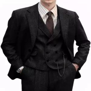 페센보 레트로 3피스 남성 정장 트위드 헤링본 울 재킷 드레스 조끼 바지 웨딩 프롬 턱시도