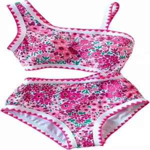 플로렌스 걸의 여름 원피스 수영복 플로럴 컷 아웃 비대칭 넥 모노키니