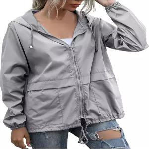 GKZA 여성용 방수 레인코트 경량 레인 재킷 후드 조절식 바람막이 야외용 포켓 포함