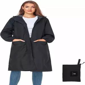 사피로즈 여성용 롱 레인 재킷 방수 경량 후드 레인코트 패커블 무릎 길이