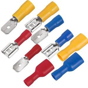 50PCS DMDD 6.3mm 터미널 빨간색 파란색 노란색 여성 남성 스페이드 절연 전기 압착 단자 커넥터 배선 케이