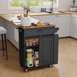 수납공간이 있는 주방 브라운 아일랜드 러스틱 수납장 블랙 ZD01UBR 테이블 충전소가 야티니 달린 키친 바퀴 롤링 아일랜드 도어가 캐비닛 슬라이딩