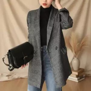 여성 세미루즈 체크 블레이저 롤업소매