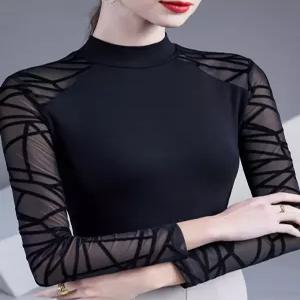 라인댄스복 시스루 반팔 탱고 연습복 공연복 긴팔 티셔츠 망사티